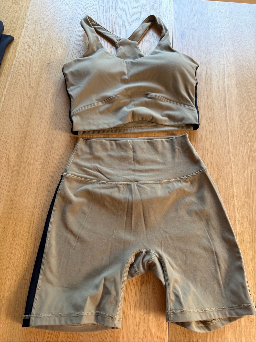 Vince Camuto Olive Taupe High-Waist Bike Shorts & Racerback Sports Bra Set